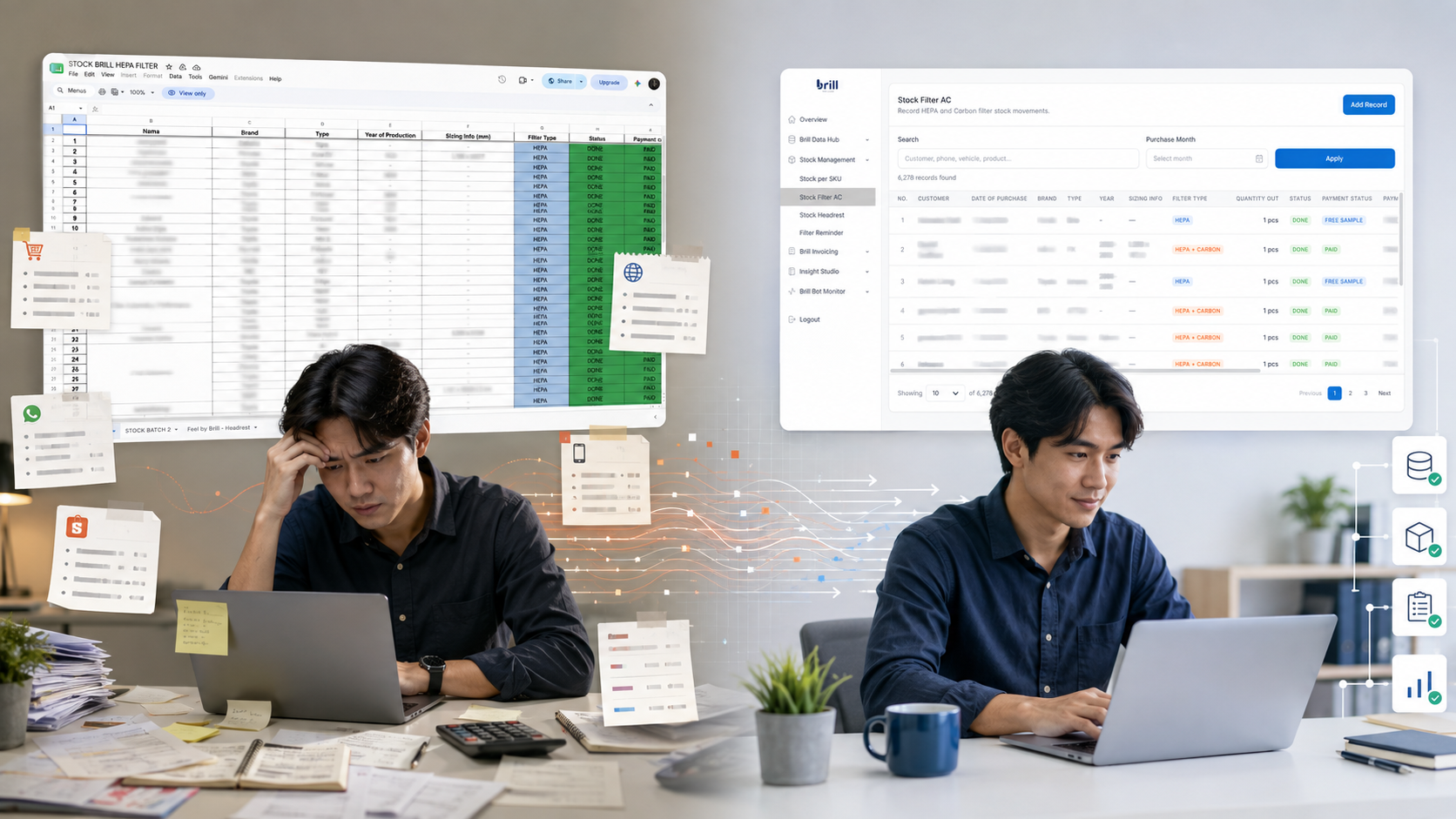 Before-and-after comparison showing spreadsheet-based sales records becoming a structured stock management workflow.